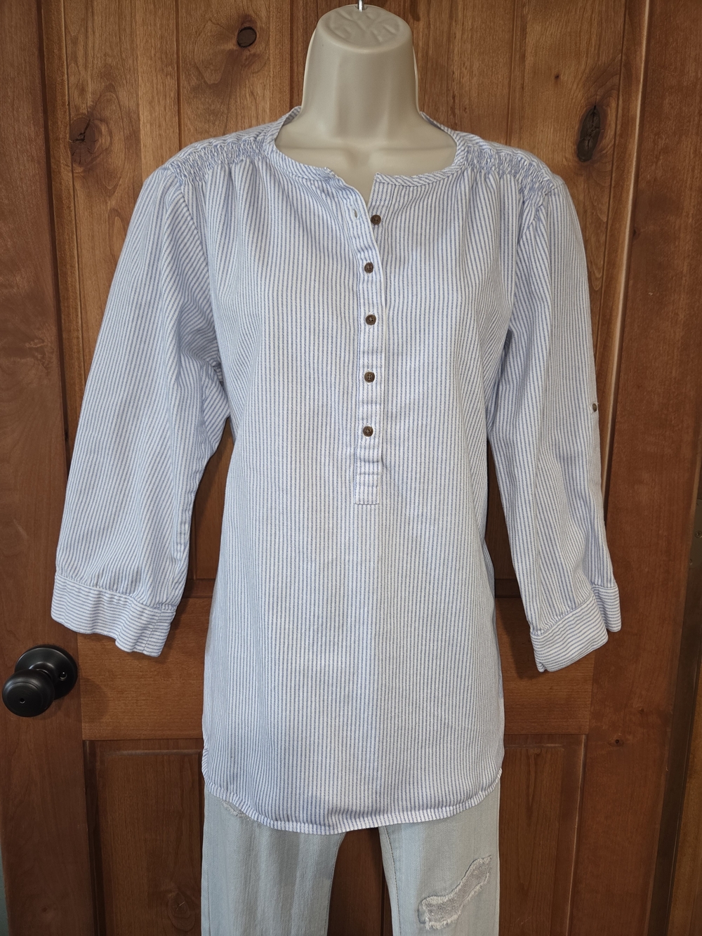 Emerald Isle Blue & White Pinstripe Button-Front Tunic Top